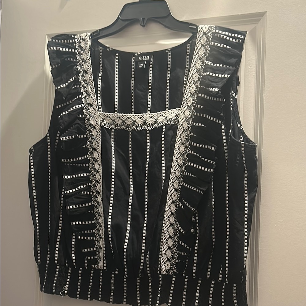 a.n.a Black and White Ruffled Sequin Blouse